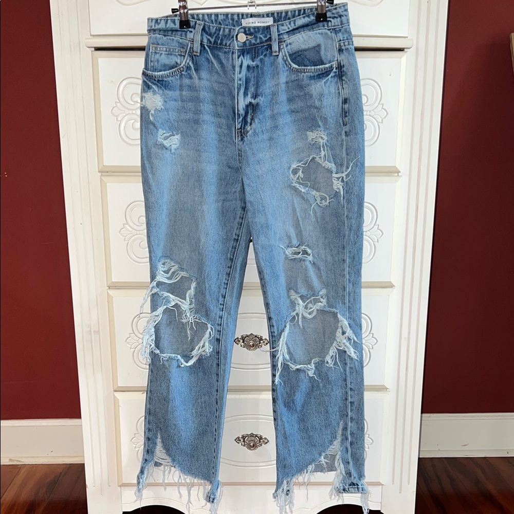 Flying Monkey Light Blue Distressed Straight Leg Jeans
